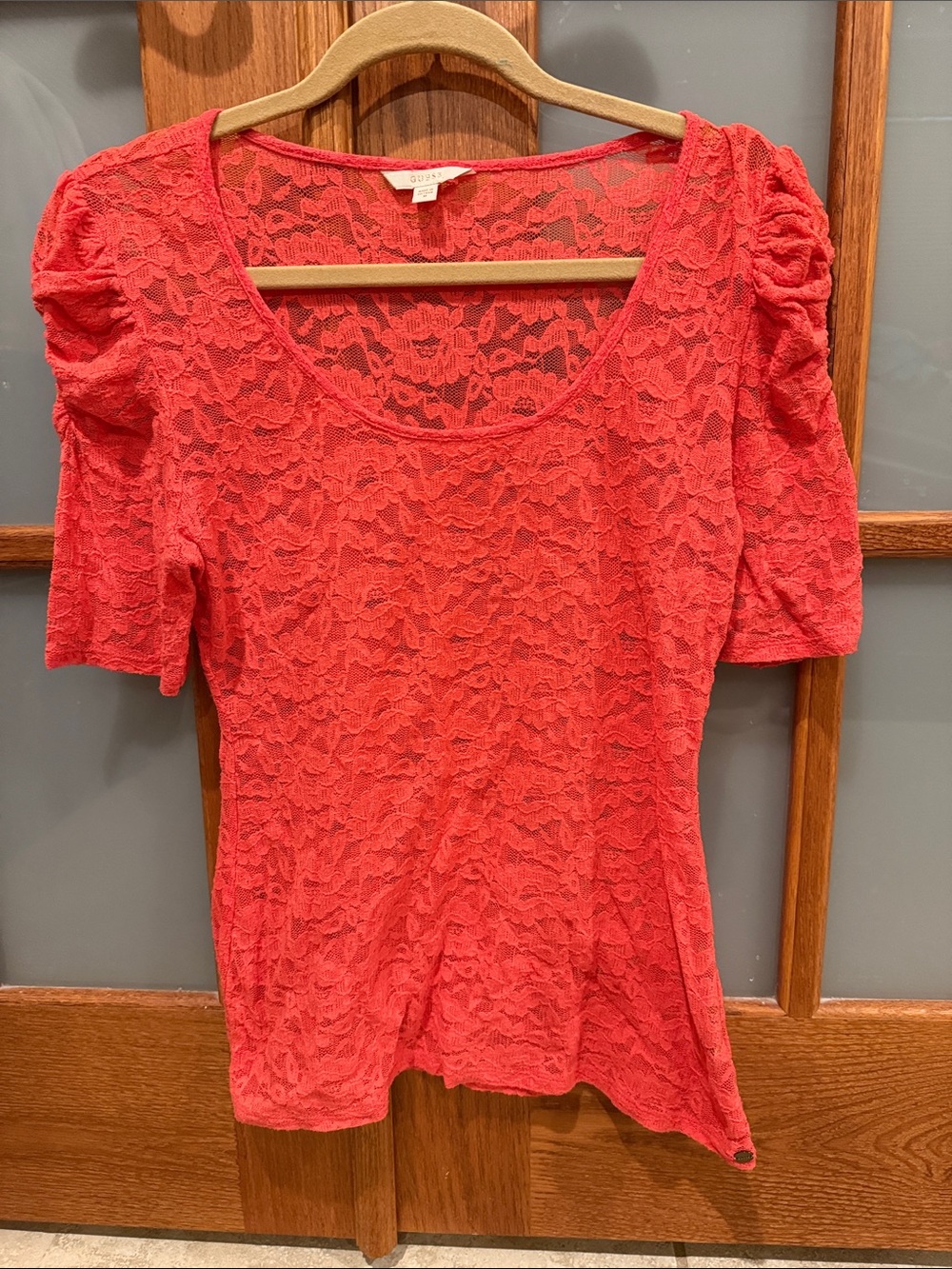 Guess Red Lace Puff Sleeve Top